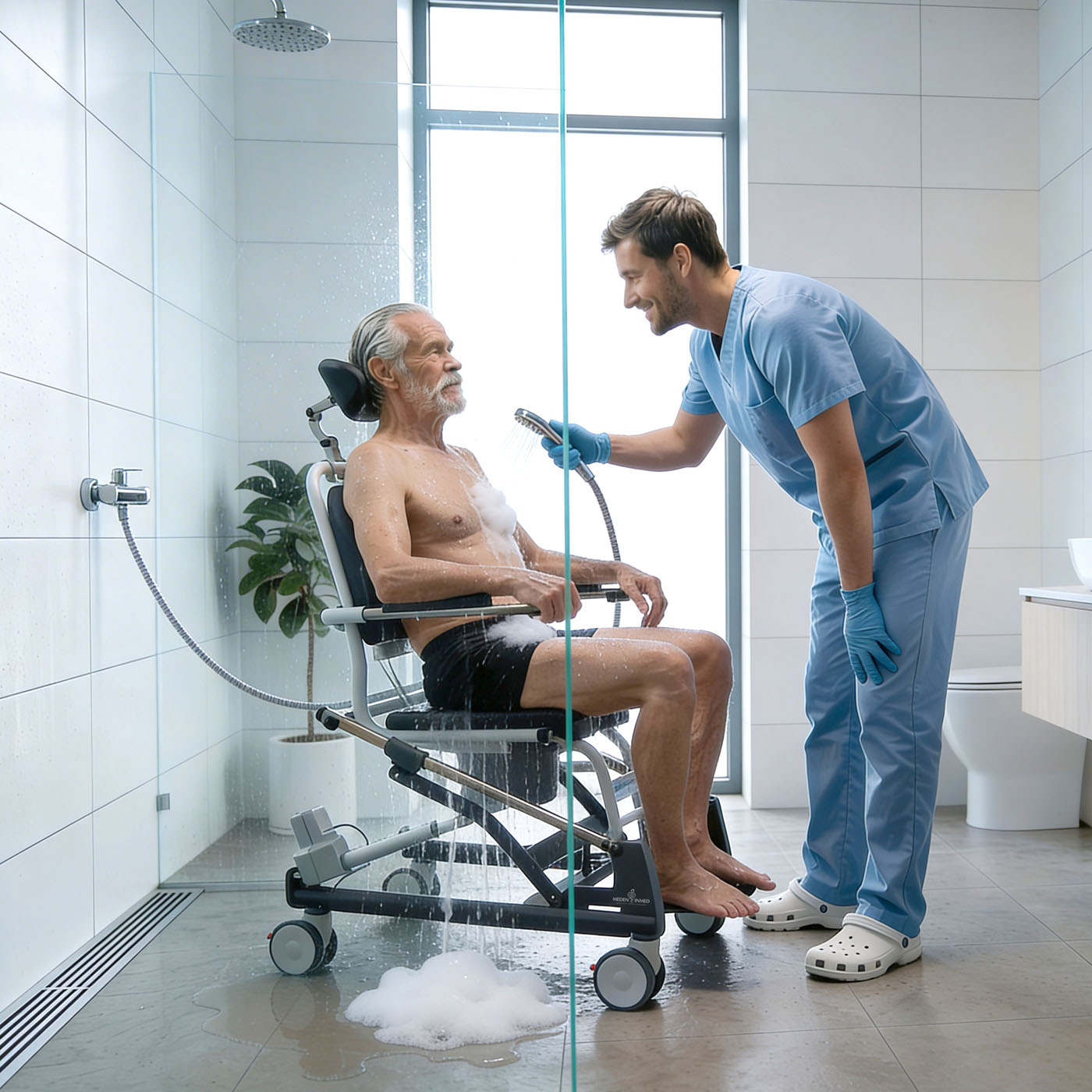 Mobilne krzesło do higieny z regulacją pozycji Mohican II - ujęcie z opiekunem