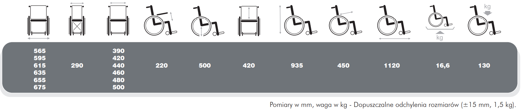 Wózek inwalidzki Jazz S50 - Wymiary