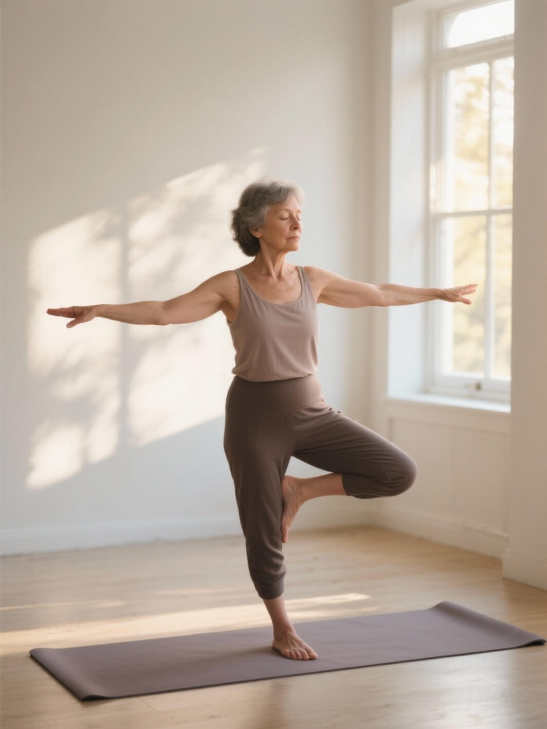 Starsza kobieta z siwymi włosami i zamkniętymi oczami stoi w pozycji drzewa (joga) na macie. Znajduje się w jasnym, minimalistycznym pokoju, oświetlona słońcem wpadającym przez okno.