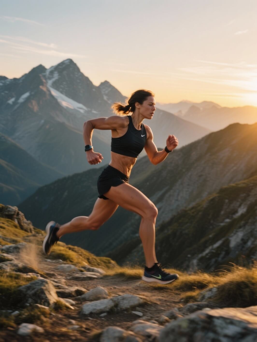 Wytrenowana kobieta w stroju sportowym biegnie po kamienistym górskim szlaku. W tle widać ostre, ośnieżone szczyty gór o wschodzie lub zachodzie słońca.