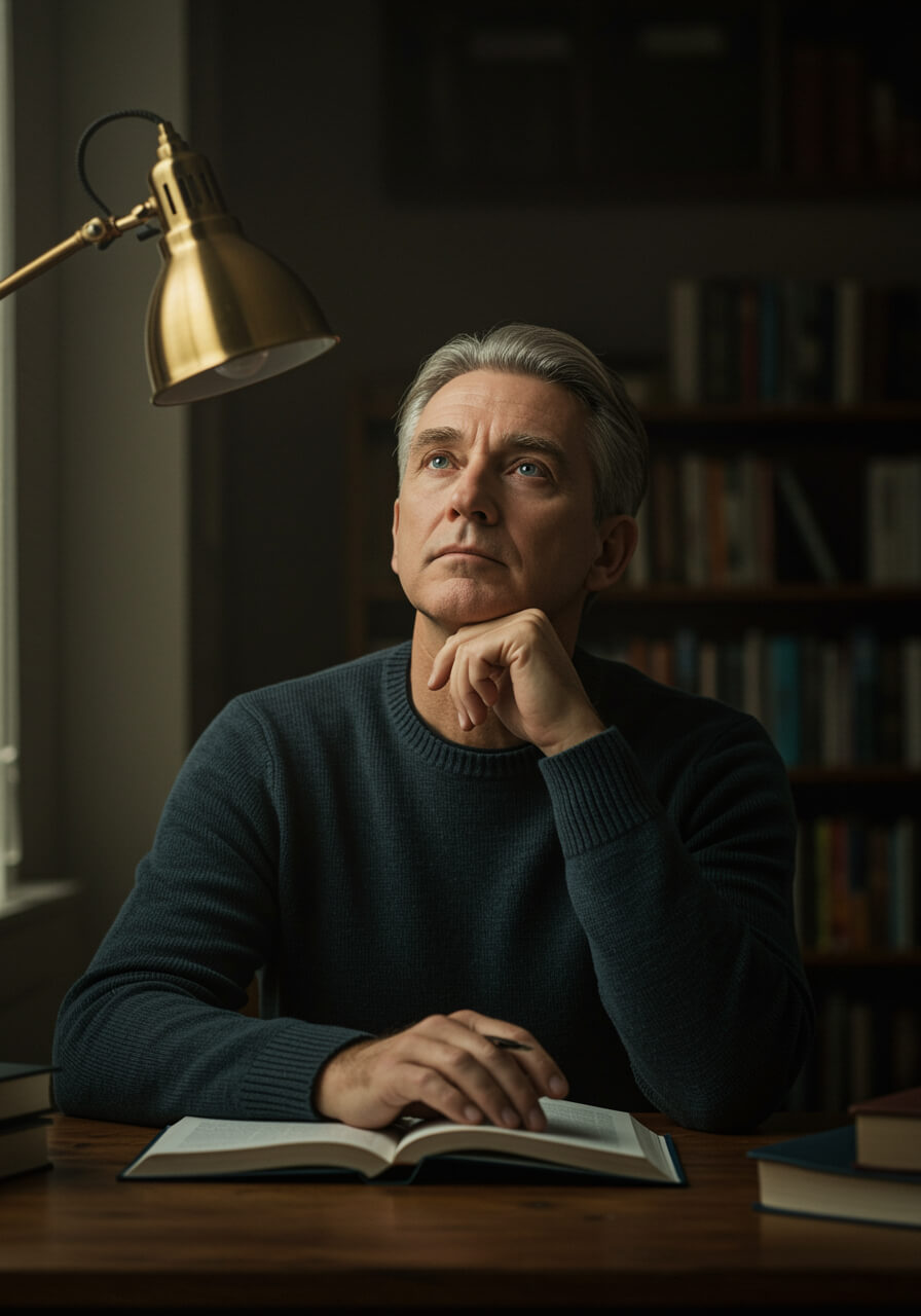Mężczyzna w średnim wieku z siwiejącymi włosami siedzi zamyślony przy biurku w bibliotece, spoglądając w górę. Jedną ręką podpiera podbródek, a druga spoczywa na otwartej książce. Oświetla go mosiężna lampka biurkowa.