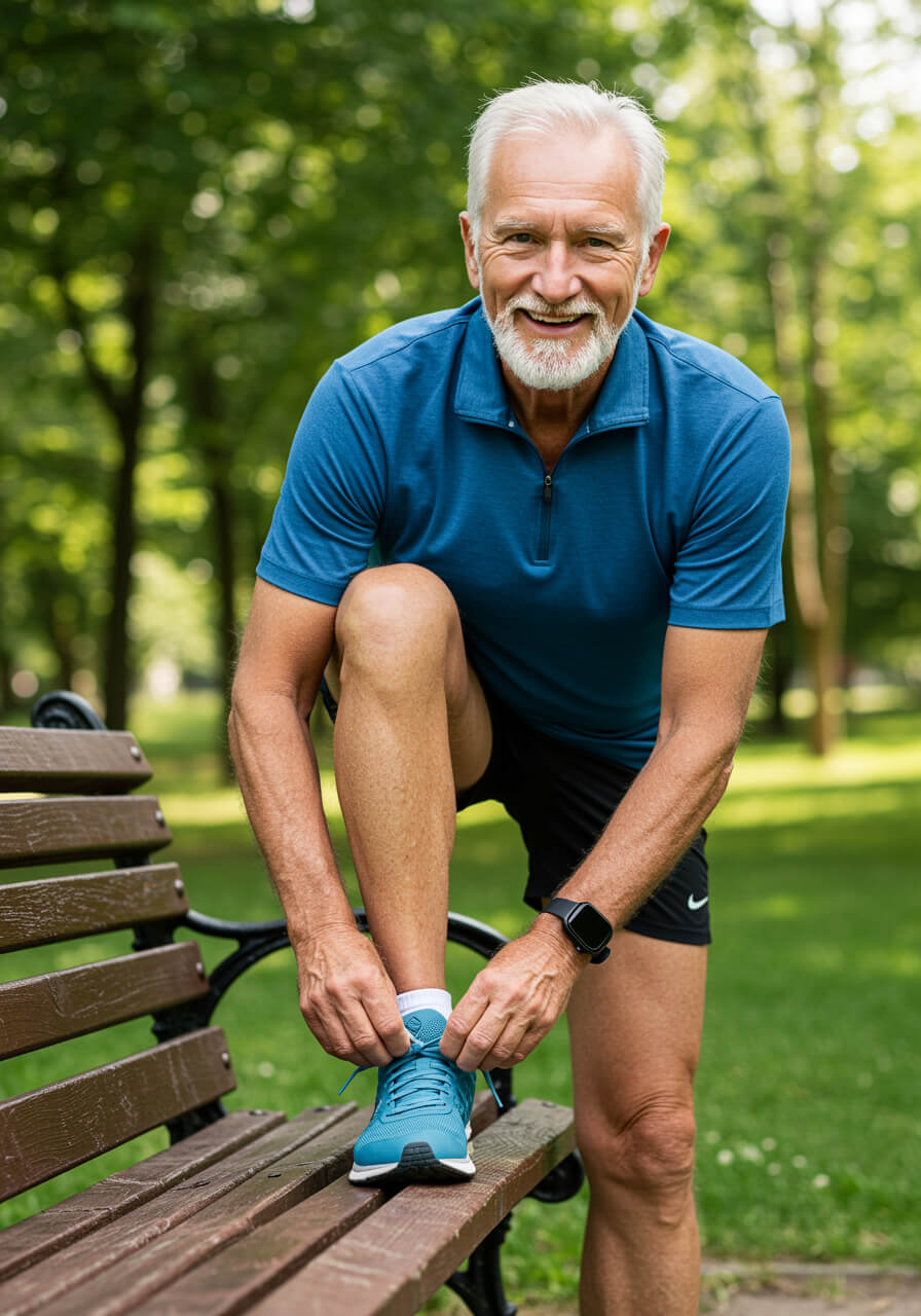 Uśmiechnięty starszy mężczyzna z białą brodą siedzi na ławce w parku i wiąże sznurówkę niebieskiego buta do biegania. Jest ubrany w strój sportowy, a za nim widać zielone drzewa.