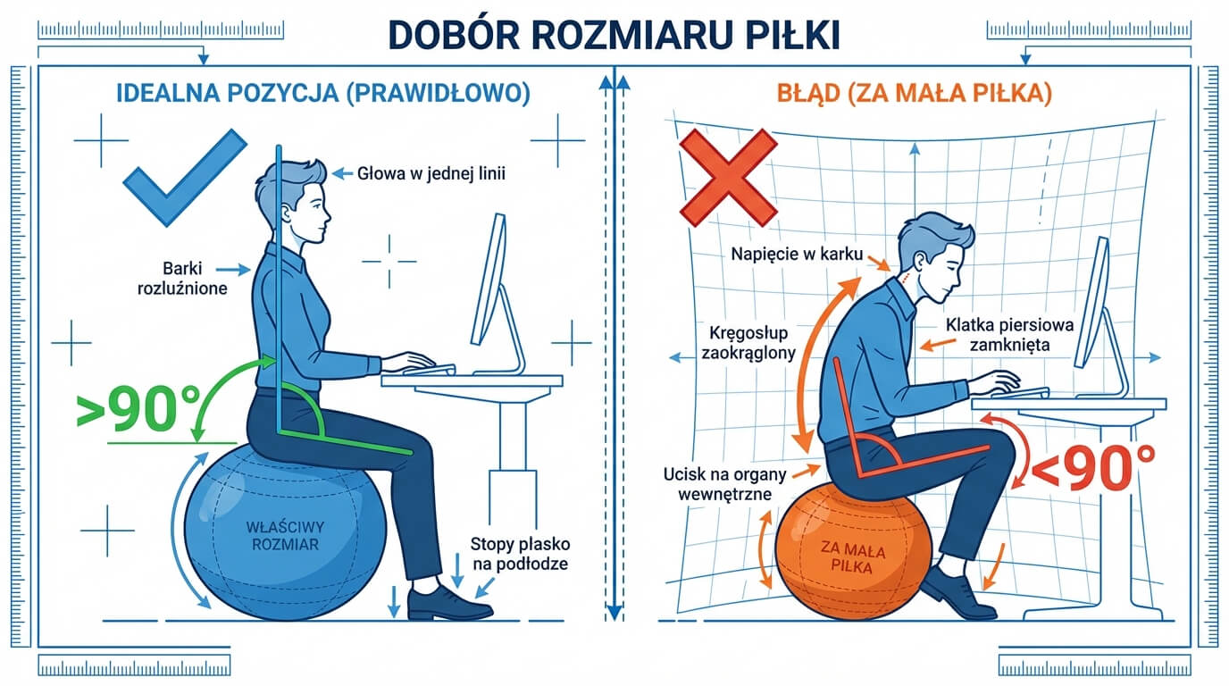 Infografika 'Dobór rozmiaru piłki' porównująca prawidłową i błędną pozycję siedzącą przy biurku. Po lewej: idealna postawa na piłce właściwego rozmiaru (kąt w biodrach powyżej 90 stopni, proste plecy). Po prawej: błąd wynikający ze zbyt małej piłki (kąt poniżej 90 stopni, zaokrąglony kręgosłup, ucisk na organy i napięcie w karku).