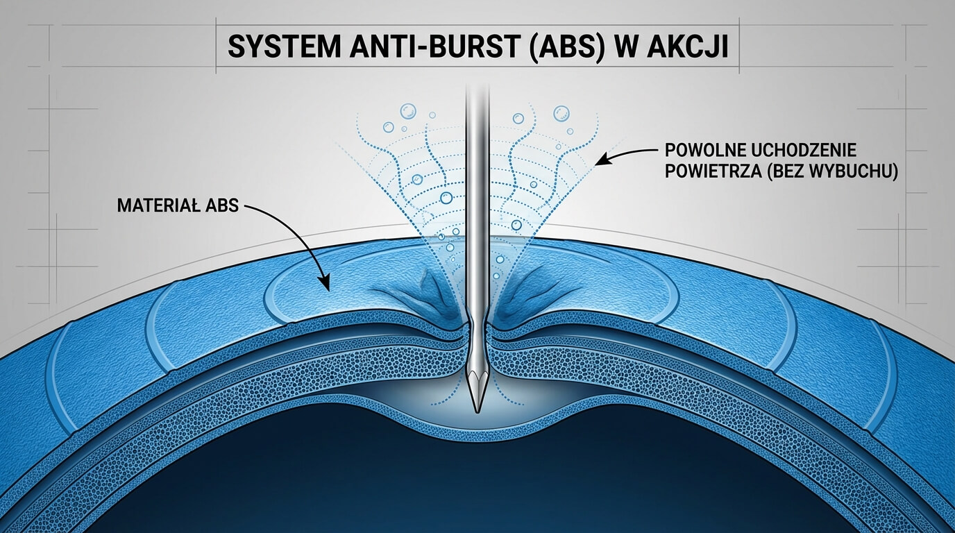 Schemat działania systemu Anti-Burst (ABS) w piłce gimnastycznej. Grafika przedstawia przekrój niebieskiej piłki przebitej ostrym szpikulcem. Dzięki specjalnemu materiałowi ABS piłka nie wybucha, lecz następuje powolne i bezpieczne uchodzenie powietrza.