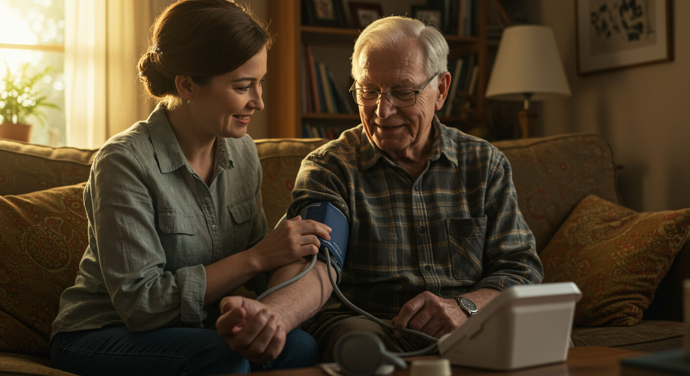 Uśmiechnięta kobieta mierzy ciśnienie krwi starszemu mężczyźnie siedzącemu na kanapie w przytulnym salonie, używając domowego ciśnieniomierza elektronicznego.