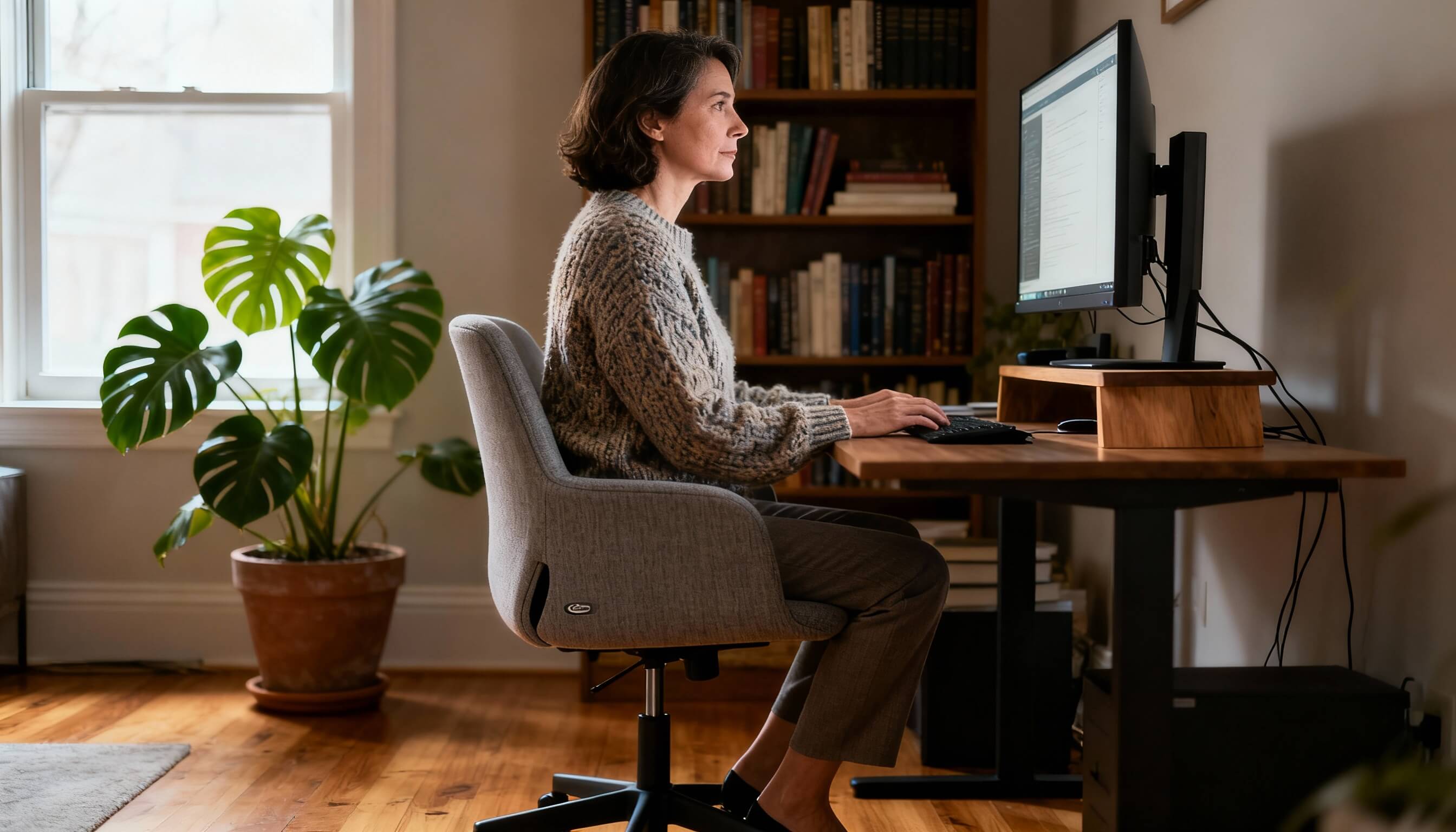 Kobieta w średnim wieku pracuje przy komputerze w jasnym domowym biurze, siedząc prosto na ergonomicznym krześle; w tle widać regał z książkami i dużą roślinę doniczkową przy oknie.