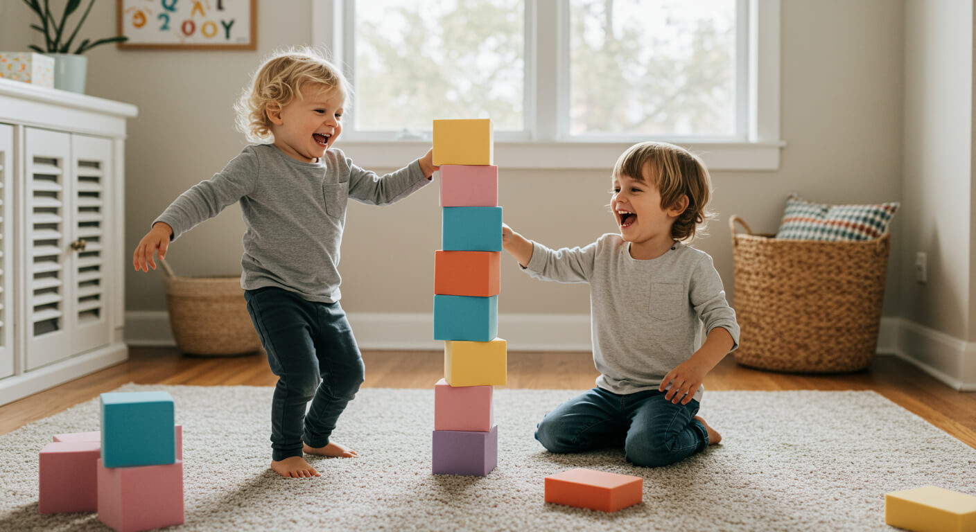 Dwóch uśmiechniętych małych chłopców bawi się na dywanie w jasnym pokoju, budując wysoką wieżę z kolorowych piankowych klocków.