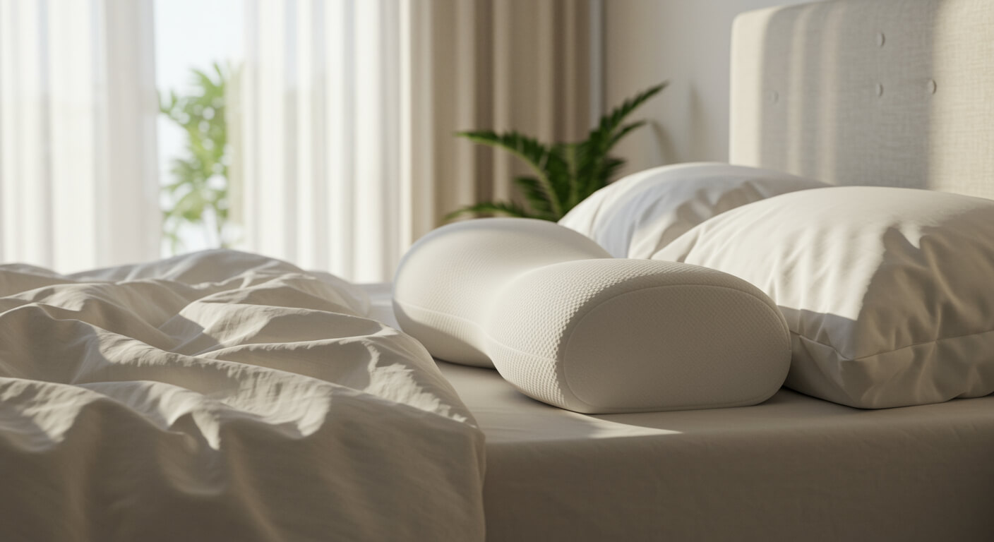 Wyprofilowana poduszka ortopedyczna leżąca na łóżku z jasną pościelą w sypialni oświetlonej miękkim, porannym światłem.