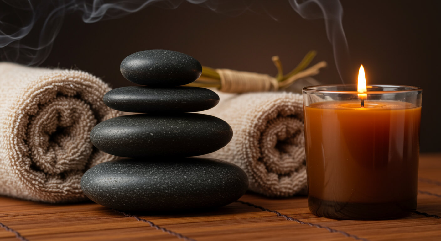 Kompozycja spa składająca się ze stosu gładkich kamieni do masażu, zwiniętych beżowych ręczników oraz zapalonej świecy w szkle z unoszącą się smugą dymu.