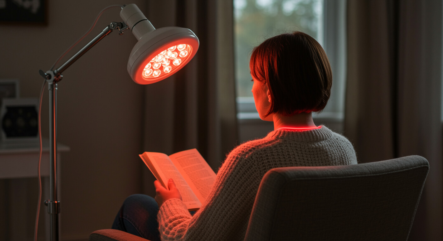 Kobieta siedząca w fotelu tyłem do obiektywu czyta książkę, podczas gdy lampa terapeutyczna naświetla jej kark i plecy czerwonym światłem.